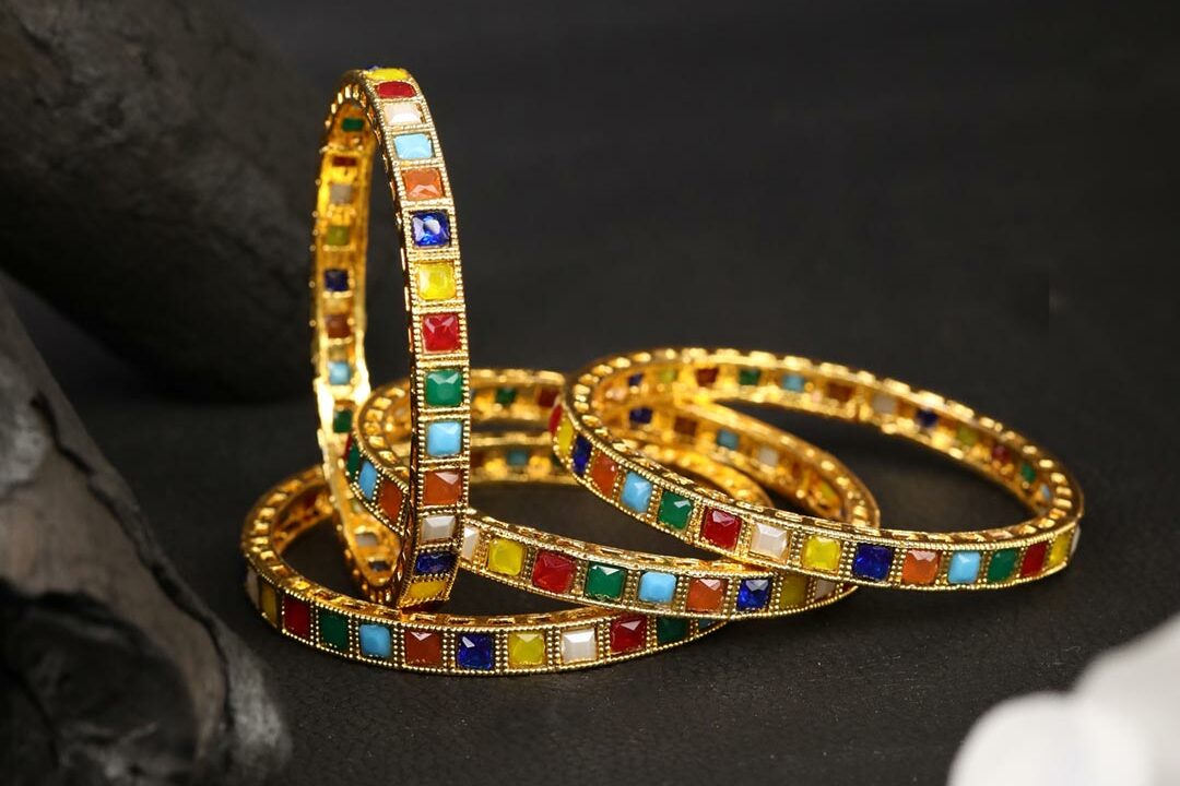 Set Of 2 Colored Stones Gold Plated Bangles