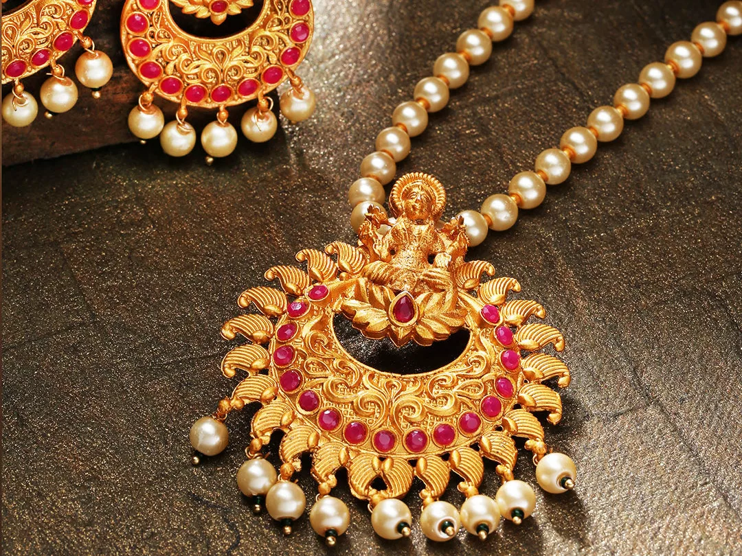 Ruby Pearls Gold Plated Temple Jewellery Set