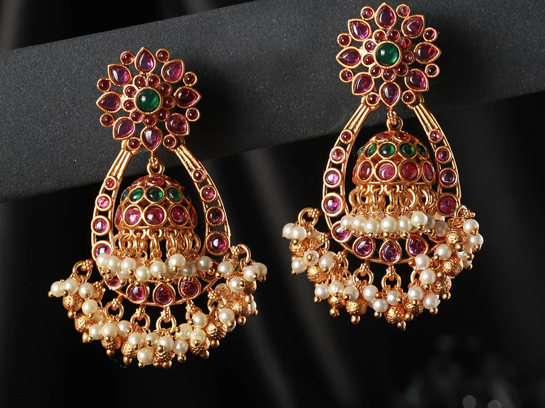 Floral Kemp Stone Studded Pearl Gold-Plated Jhumka Earrings
