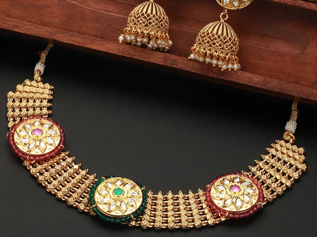 Priyaasi Round Floral Stone Studded Gold-Plated Jewellery Set