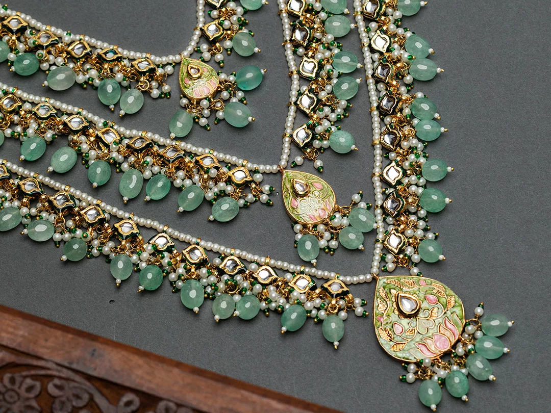 Priyaasi Sea Green Studded Buds Beaded Multilayer Gold-Plated Bridal Jewellery Set
