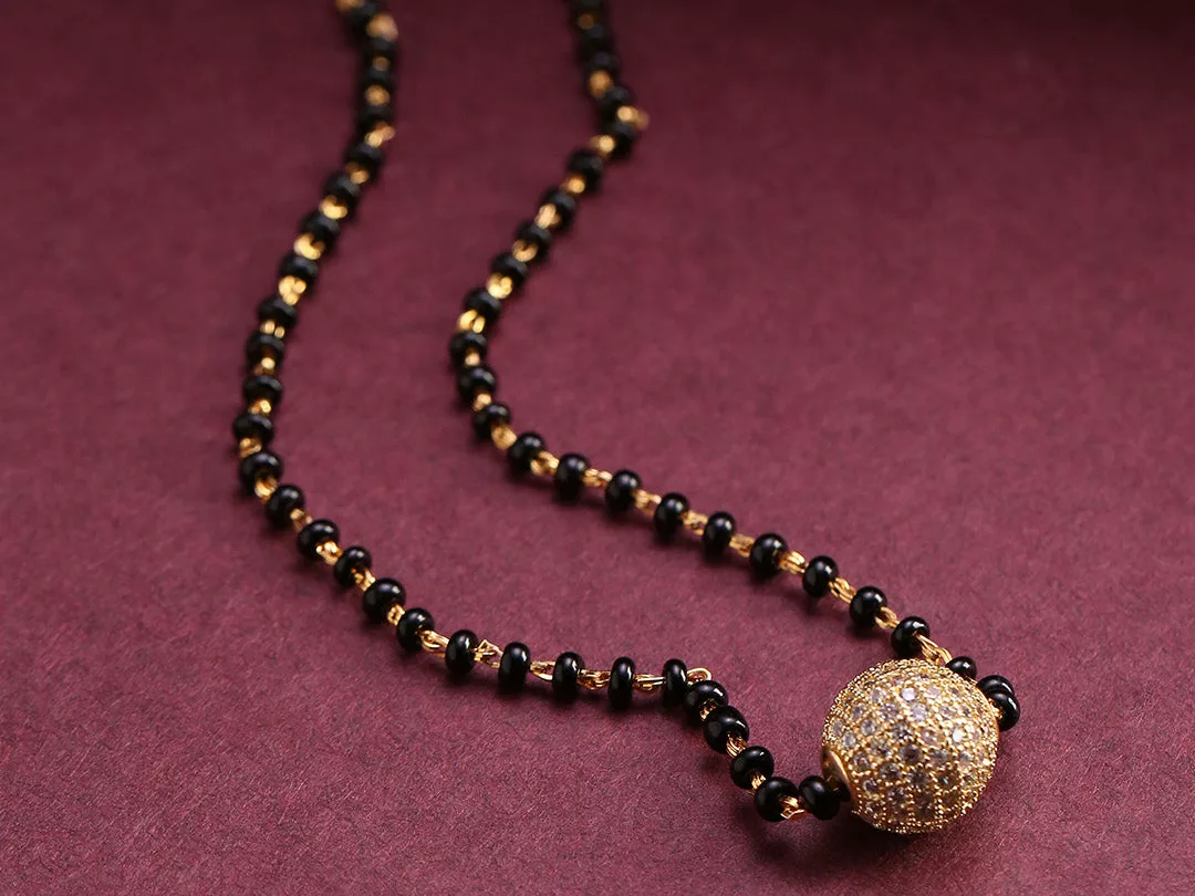 Gold-Plated Ad Studded Spherical Pendant Black Beaded Chain Mangalsutra Designs
