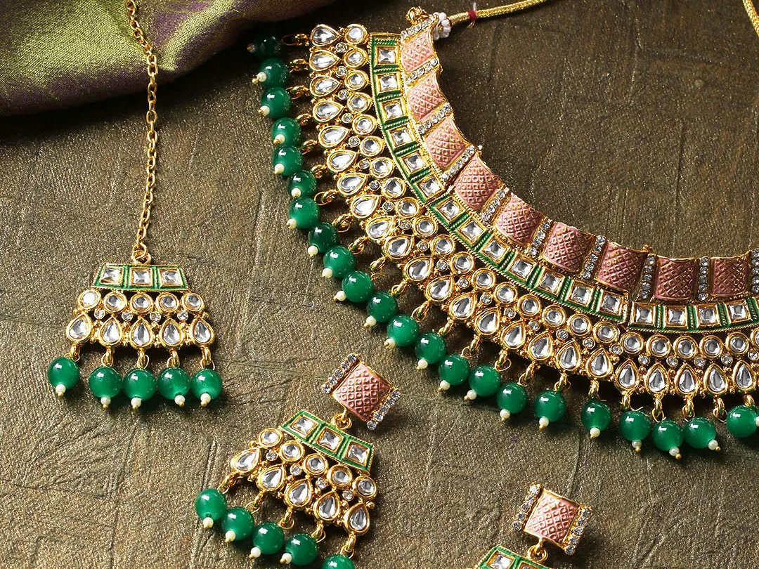 Emerald Kundan Gold Plated Maangtika Indian Bridal Jewellery Set