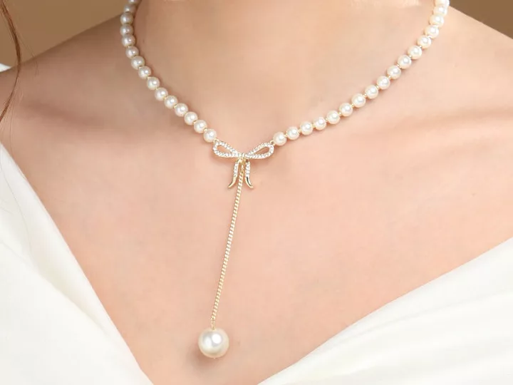 Bow Pearl Drop Chain Gold-Plated Necklace