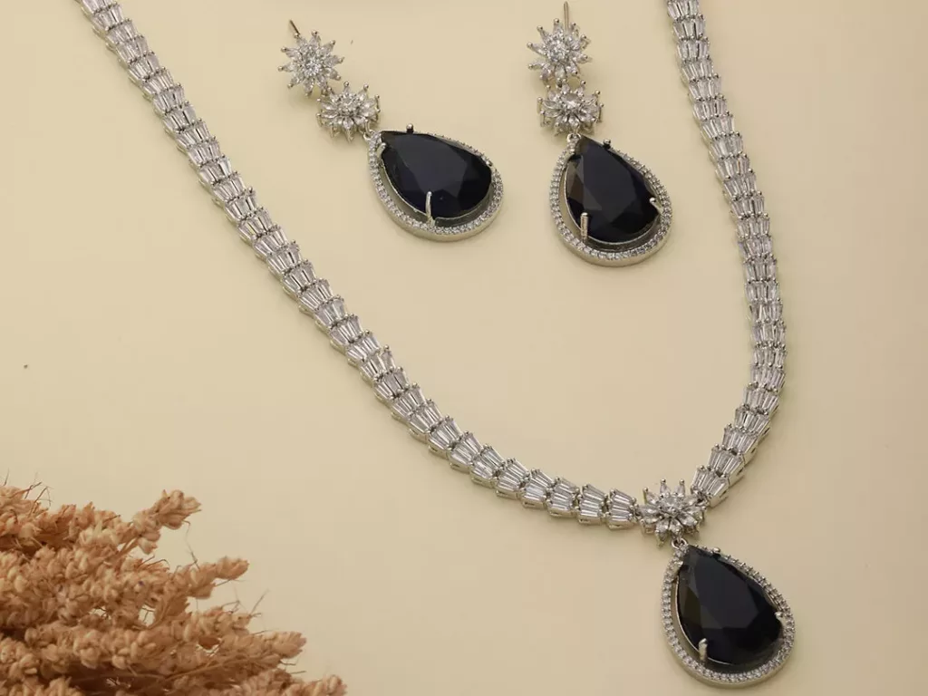 Blue Baguette American Diamond Silver-Plated Jewellery Set