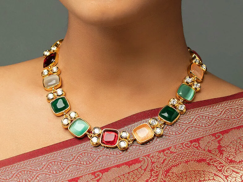 Multicolor Stone Studded Gold-Plated Jewellery Set